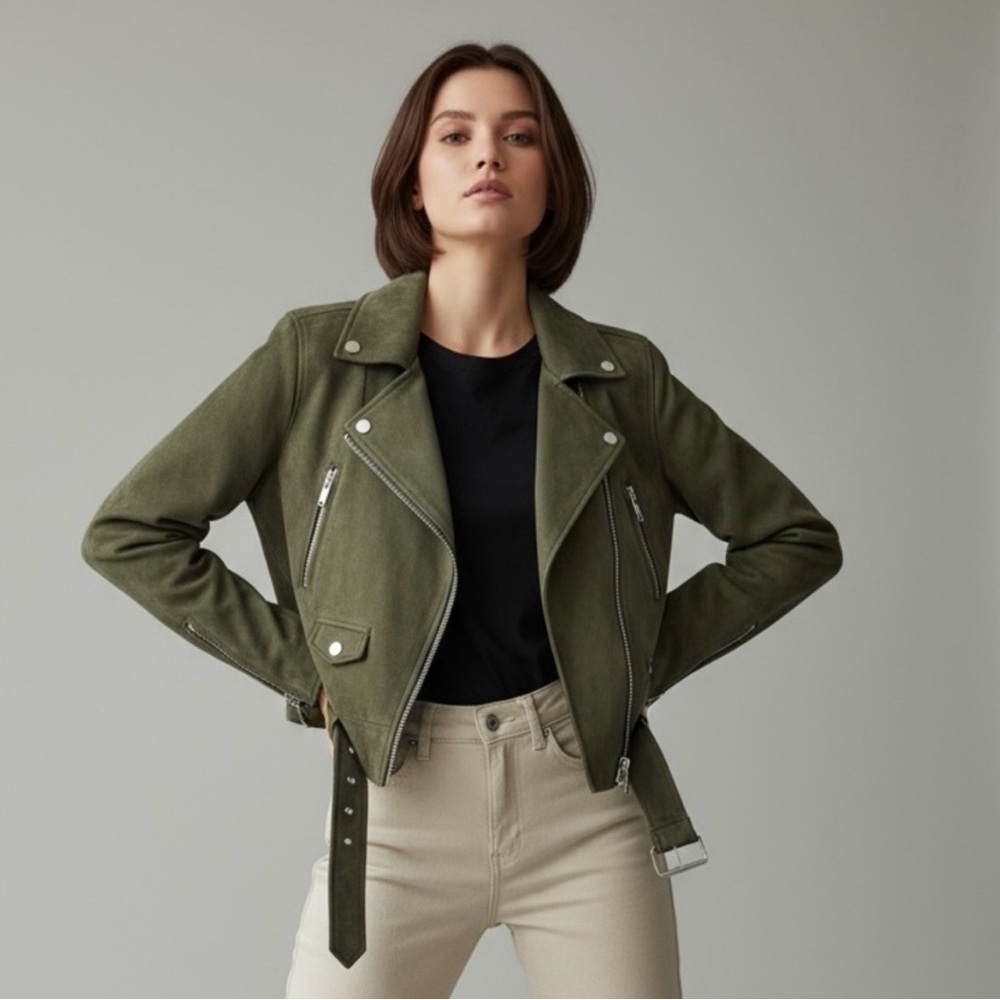Zara Olive Moto Jacket Belted Zip Biker Chic Trendy S - Picture 9 of 14